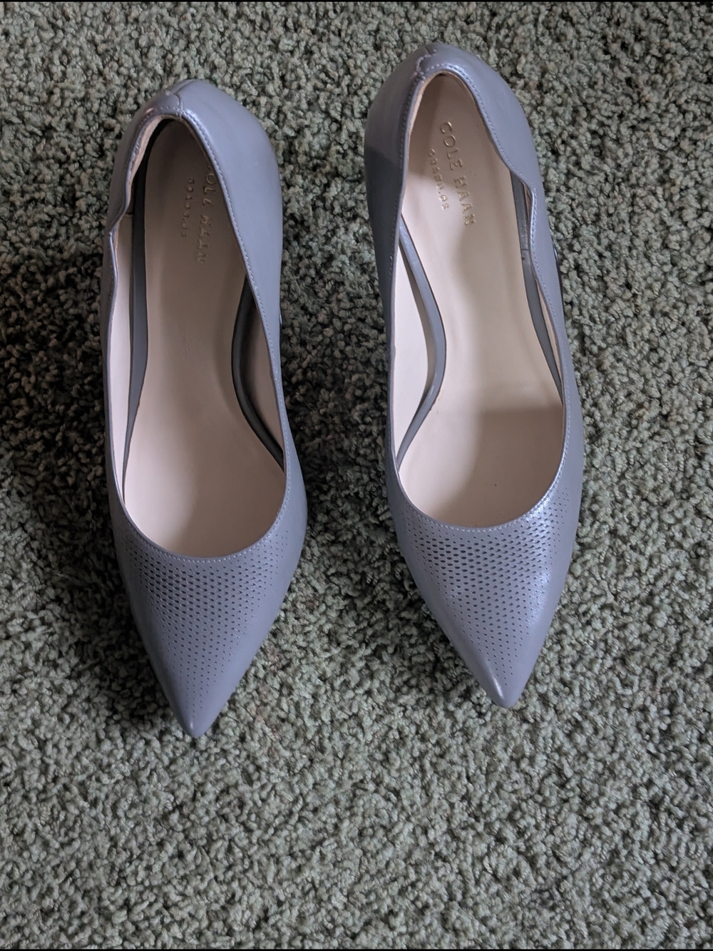 Cole Haan Antoinette Grand Pump Pointed Perforated Leather shoe in Light Gray.